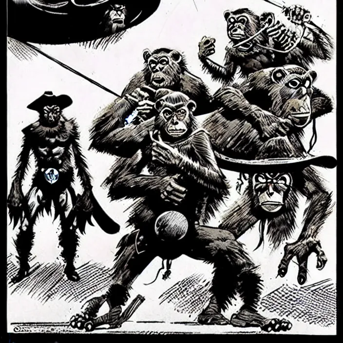 Prompt: sergio toppi art style, futuristic cowboys fighting apes