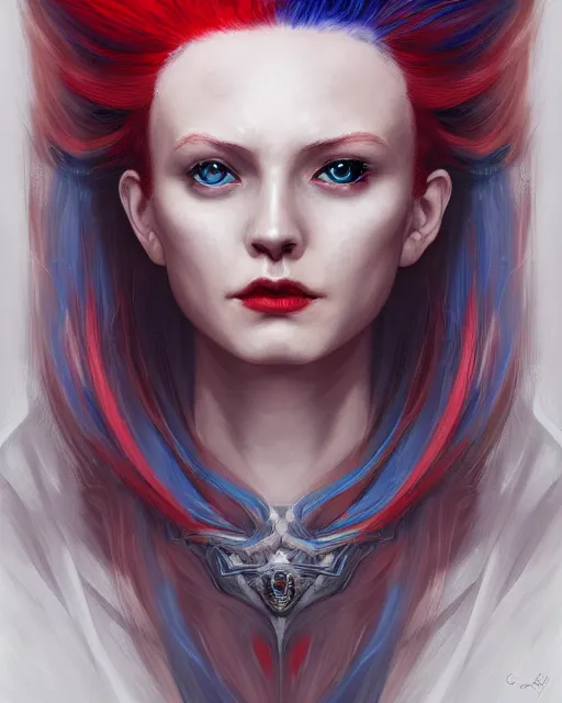 Image similar to A detailed matte oil on canvas head on symmetrical portrait of a distinguished elven woman with split red and blue hair on an empty background, by Charlie bowater, Wlop, trending on artstationhd, dungeons and dragons art, parted hair , half blue, half red , split dye, critical role