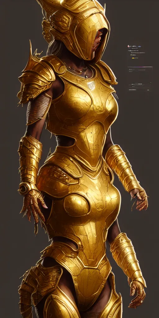 Image similar to hyper realistic and highly detailed of a woman golden armor, greg rutkowski, zabrocki, karlkka, jayison devadas, intricate, trending on artstation, 8 k, unreal engine 5, pincushion lens effect