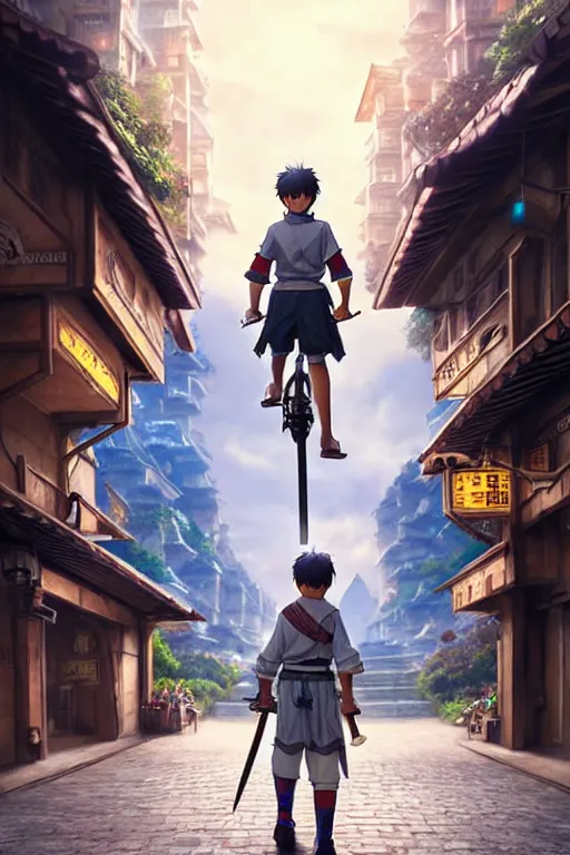 Image similar to ultra detailed keyart of sci - fy movie, a boy carrying a sword in his back is riding a simple bycycle in the main street of isekai shinjuku