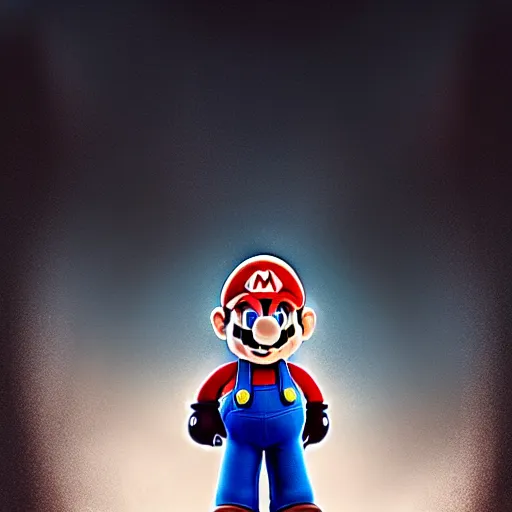 Image similar to Mario is ascending, photorealistic, desolate, terrifying, weird, strange, odd, uncanny, hyper realism, highly detailed, photorealism, smooth gradients, high contrast, photorealistic