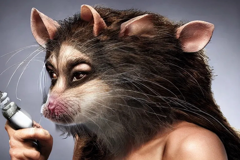Image similar to photo, furry antropomorphic rat - woman with emma watson face eats thick internet cable! highly detailed, intricate details