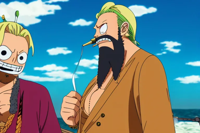 Prompt: A still of a Large blonde bearded large man with a blonde man bun smoking at the helm of The Thousand Sunny in One Piece Anime Series, 4k Resolution.