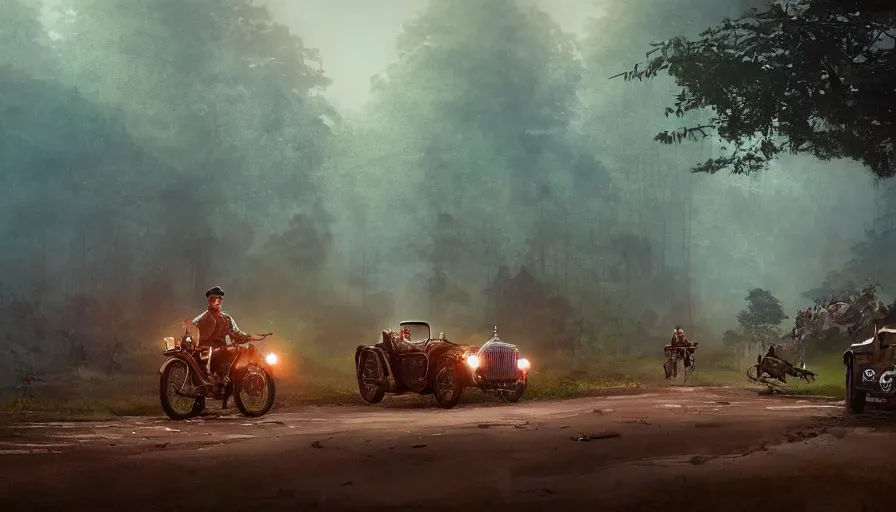 Image similar to a british officer driving a motorcycle alone in 1921 in kerala forest road, local people chasing to attack, furious action scene, chase, an epic fantasy, dramatic lighting, cinematic, establishing shot, extremely high detail, photorealistic, cinematic lighting, artstation, by simon stalenhag, horizon forbidden west