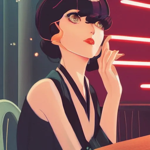 Image similar to portrait of beautiful girl with dark hair dressed in 1920's style, sitting in cafe alone, nighttime, low-key neon lighting, 4k, HQ, official media, anime key visual, makoto shinkai, ilya kuvshinov, lois van baarle, rossdraws, detailed, trending on artstation