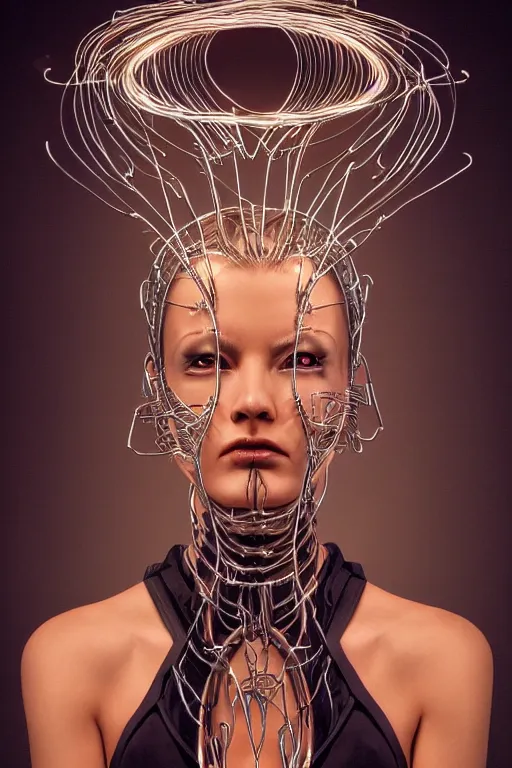 Image similar to organic cyborg head wrapped in barb wire by Hajime Sorayama and Jamie Coreth, trending on artstation, centered, symmetrical, cinematic lighting, electric hair, bilateral symmetry, 80s poster, polished, thick smoke, retro dark vintage sci-fi, 2D matte illustration