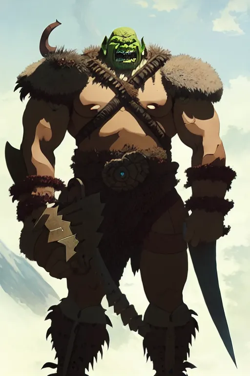 Image similar to orc barbarian wearing leather armor, full body shot, exquisite details, earth magic, mid view, design on a white background, by greg rutkowski, makoto shinkai, takashi takeuchi, studio ghibli