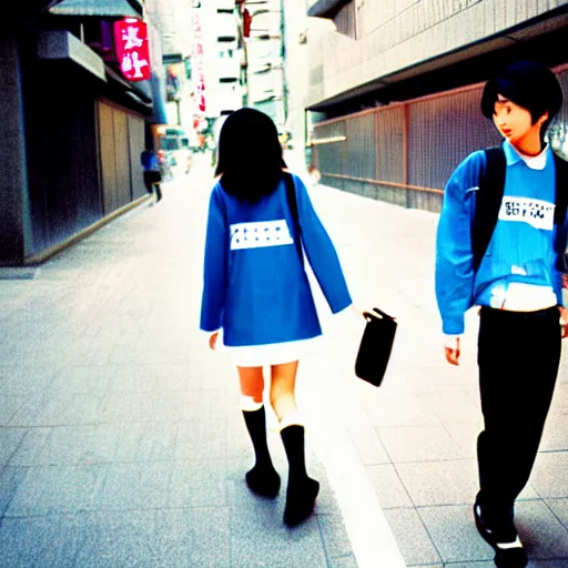 Image similar to ! dream japanese teenagers male and female, street photography in the 8 0 s, blue scheme, economic boom, punks, highly realistic, photography, highly detailed, cinematic lighting, tokyo, fashion, wearing sony walkman and headphones