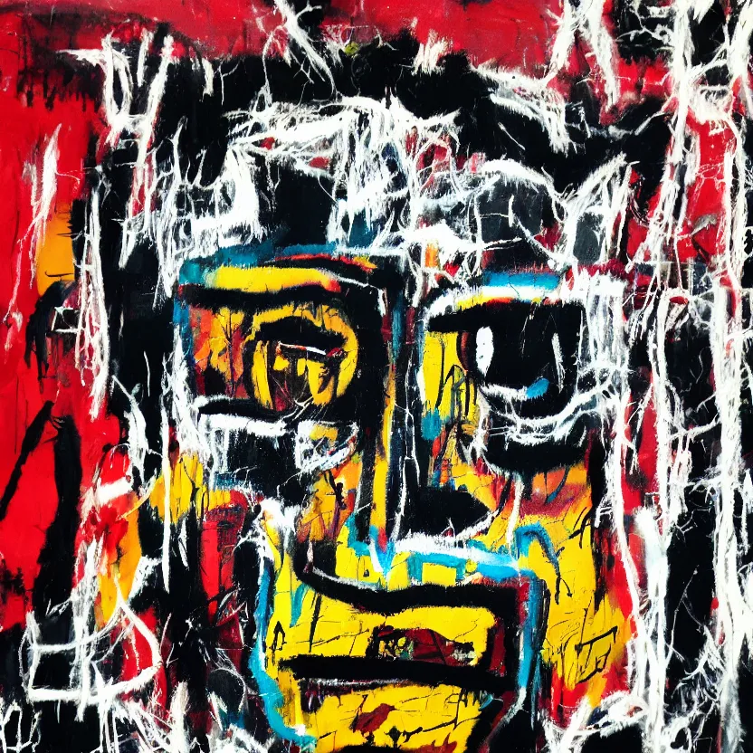 Image similar to gritty splattered punk painting of a geometric face with surprised expression on a black background, painted by basquiat. dark background. trending on artstation.