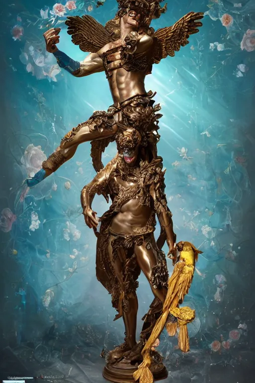 Image similar to a young handsome Spanish prince in a full-body bronze cyberpunk style statue of Icarus with glowing blue eyes, crown of peach roses, flowing teal-colored silk, fabric, flowers. baroque elements, human skull. full-length view. baroque element. intricate artwork by caravaggio. many many birds birds on background. Trending on artstation, octane render, cinematic lighting from the right, hyper realism, octane render, 8k, depth of field, 3D