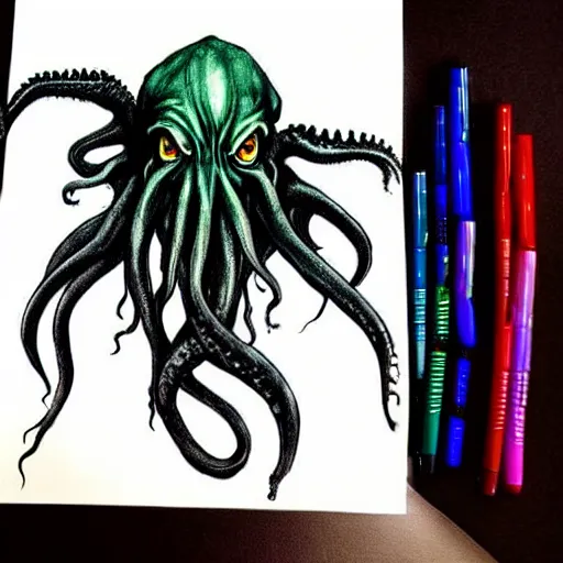 Prompt: cthulhu with a human body spreads insanity. fear inspiring mood. portrait. by Agnes Cecile but in copic markers and black ink. on a parchment which lies on a desk.