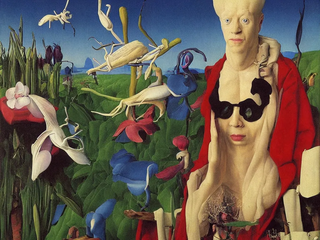 Prompt: Portrait of albino mystic with blue eyes, with exotic beautiful orchid mantis. Landscape with iceberg. Painting by Jan van Eyck, Audubon, Rene Magritte, Agnes Pelton, Max Ernst, Walton Ford