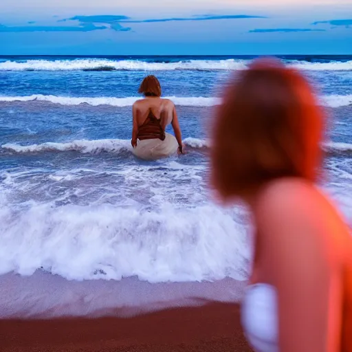 Image similar to beach at night, waves like teeth, blond woman staring from foreground, red tide, meat and blood in water , 4k,