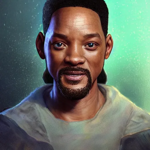 Image similar to portrait of will smith as jesus, au naturel, hyper detailed, digital art, trending in artstation, cinematic lighting, studio quality, smooth render, unreal engine 5 rendered, octane rendered, art style by klimt and nixeu and ian sprigger and wlop and krenz cushart.