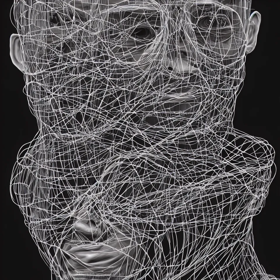 Prompt: surreal portrait of a man made of wires very very highly detailed trending on artstation
