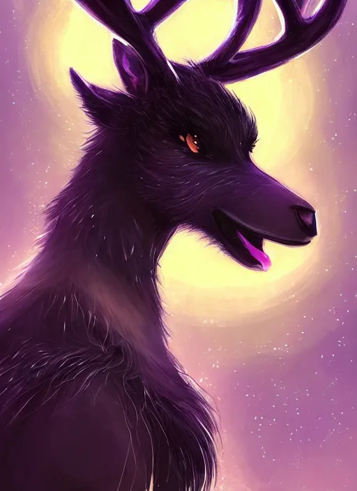 Image similar to award winning beautiful portrait commission of a male furry anthro Black Reindeer fursona with a tail, wings and a cute beautiful attractive detailed furry face wearing stylish black and orange galaxy clothes in a outerspace city at night while it rains. Character design by charlie bowater, ross tran, artgerm, and makoto shinkai, detailed, inked, western comic book art