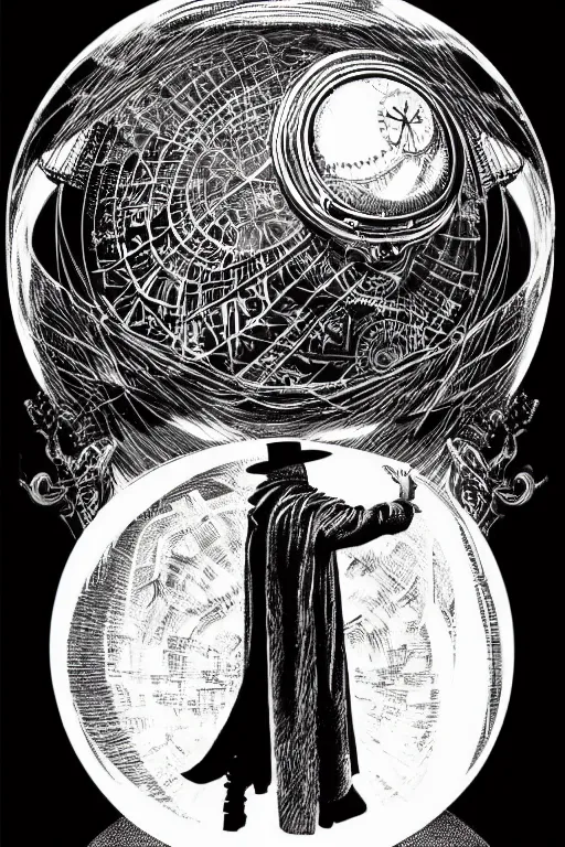 Image similar to cloaked steampunk wizard looking into a crystal ball, high details, intricately detailed, by vincent di fate, inking, 3 color screen print, masterpiece, trending on artstation,, sharp, details, hyper - detailed, hd, 4 k, 8 k