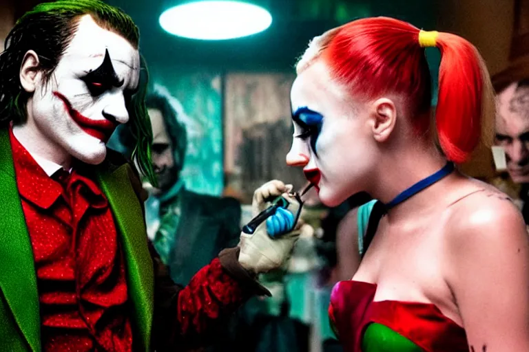 Image similar to joaquin phoenix as the joker ( 2 0 1 9 ) and lady gaga as harley quinn, movie still frame, directed by todd phillips