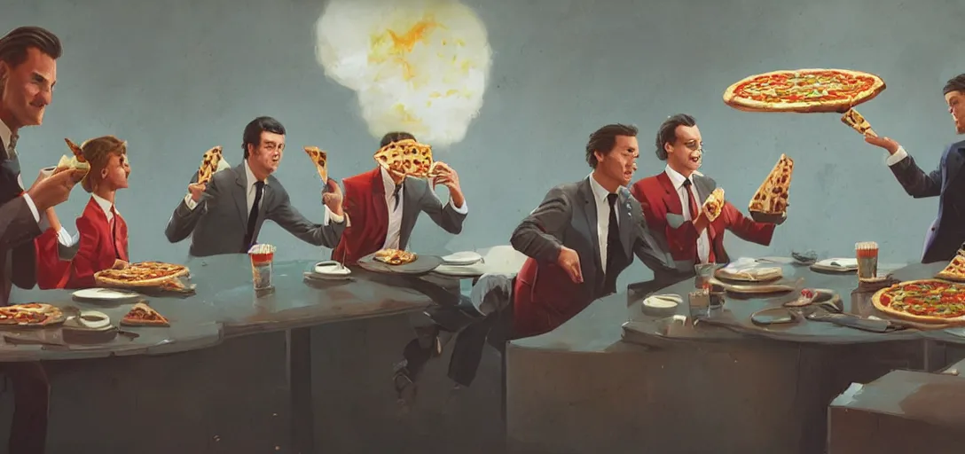 Image similar to men in suits eating a pizza, 80s style, happy, 8k, james gurney, greg rutkowski, john howe, artstation
