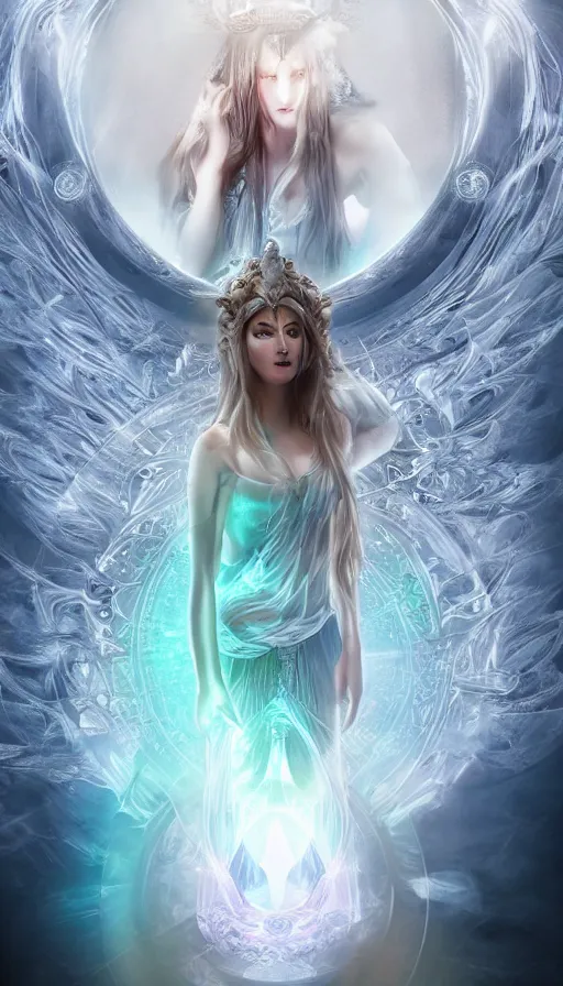 Prompt: goddess of illusion, beautiful, stunning, breathtaking, mirrors, glass, magic circle, magic doorway, fantasy, mist, bioluminescence, hyper - realistic, unreal engine, with unreal engine