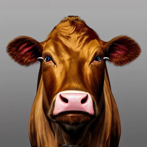 Prompt: portrait of a cow with the face of a man, hyper detailed, 3 / 4 shot, digital art, trending in artstation, cinematic lighting, studio quality, smooth render, unreal engine 5 rendered, octane rendered, art style by klimt and nixeu and ian sprigger and wlop and krenz cushart