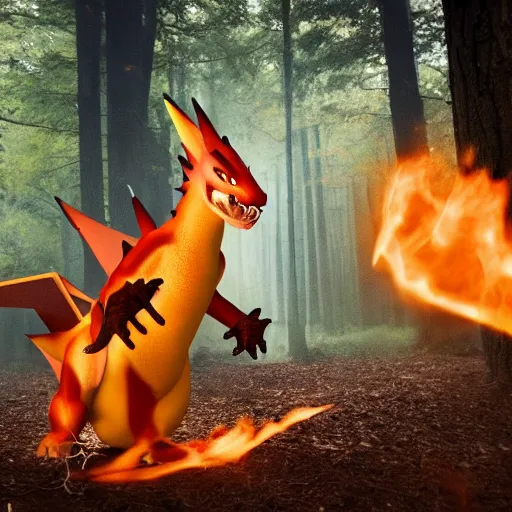 Image similar to realistic national geographic professional photo of charizard in the wild, award winning