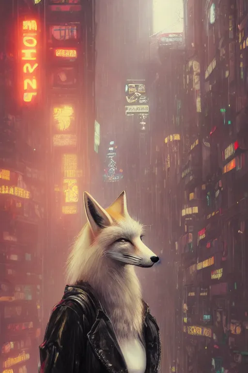 Image similar to beautiful portrait of a tall white female anthro fox smoking a cigarette towering head and shoulders above the bustling crowd of a rainy city street around her, cyberpunk clothes, cyberpunk, harsh neon lights, highly detailed, sharp focus, digital painting, illustration, trending on artstation, art by sakimichan, wlop, greg rutkowski