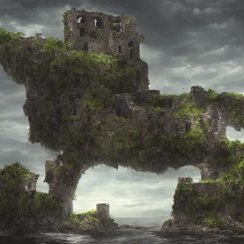 Image similar to looking up at a ruined castle on a small island only reachable by a small land bridge, 8 k, ultra realistic cinematic, intricate, cinematic light, concept art, illustration, art station