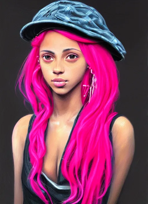 Image similar to portrait of teenage vanessa morgan with bright pink hair, black girl, vanessa morgan, curly pixie cut hair, wearing newsboy cap, newsboy cap, hoop earrings, intricate, elegant, glowing lights, highly detailed, digital painting, artstation, concept art, smooth, sharp focus, illustration, art by wlop, mars ravelo and greg rutkowski