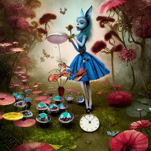 Prompt: alice in wonderland, by ray caesar and vincent callebaut and craola, trending on artstation hq, deviantart, pinterest, 4 k uhd image