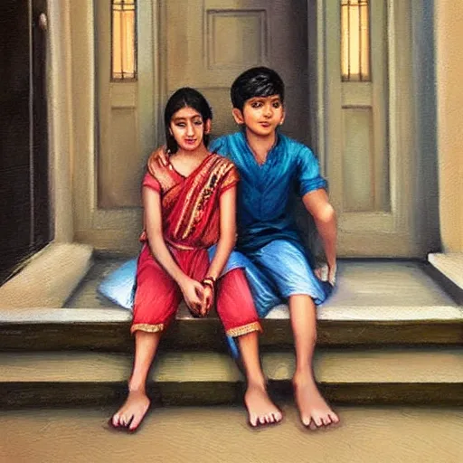 Image similar to beautiful young indian sister and brother, both sitting together holding hands on the steps of their house front entrance. happy raksha bandhan theme. high detailed oil painting by charlie bowater