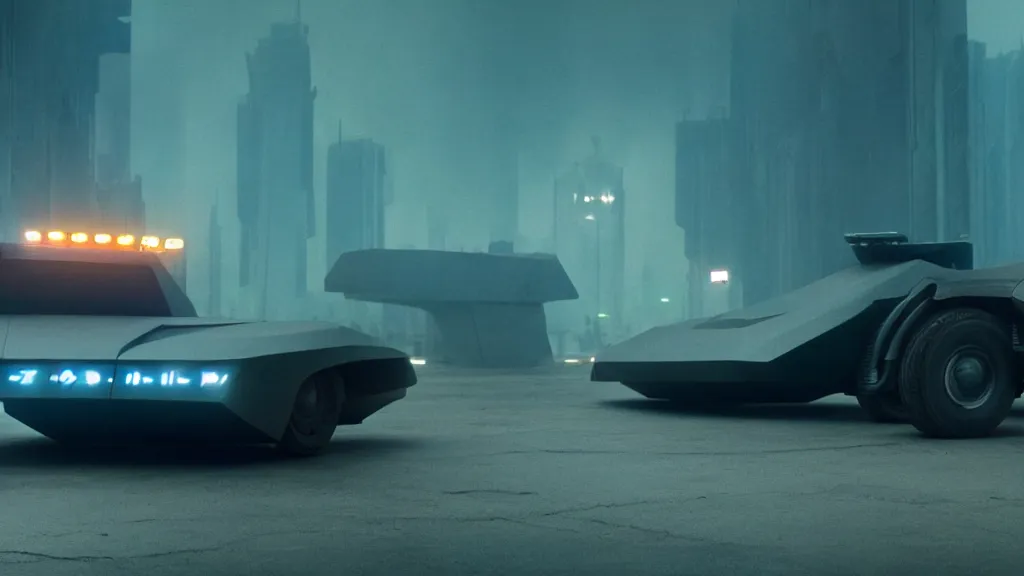 Image similar to A futuristic police car from Blade Runner 2049, film still from the movie directed by Denis Villeneuve with art direction by Salvador Dalí, wide lens