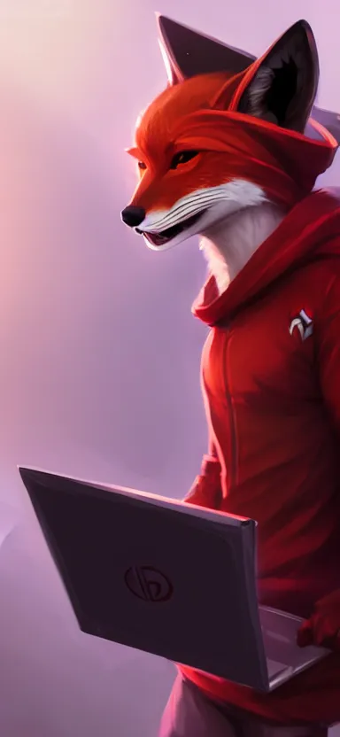 Image similar to a league of legends concept art of an anthropomorphic red fox in a black hoodie holding a portable computer, front view, hoodie with a hacker emblem, artstation, digital art, oc commission, style by jordan grimmer and greg rutkowski, 4 k resolution