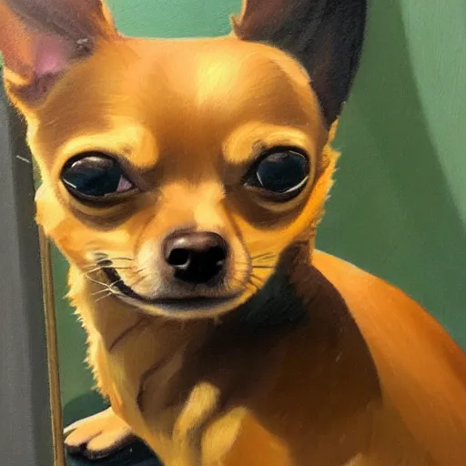 Prompt: a honey colored chihuahua puppy looking at his reflection in the mirror from the front, oil painting