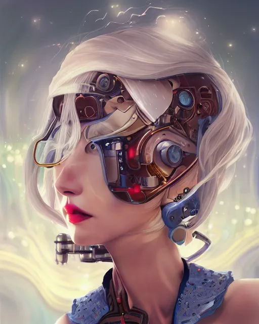 Prompt: kind cyborg girl with chocolate, elegant, scifi, futuristic, utopia, garden, colorful, long white hair, unique, vibrant, dreamy, lee ji - eun, illustration, atmosphere, top lighting, blue eyes, focused, artstation, highly detailed, art by yuhong ding and chengwei pan and serafleur and ina wong