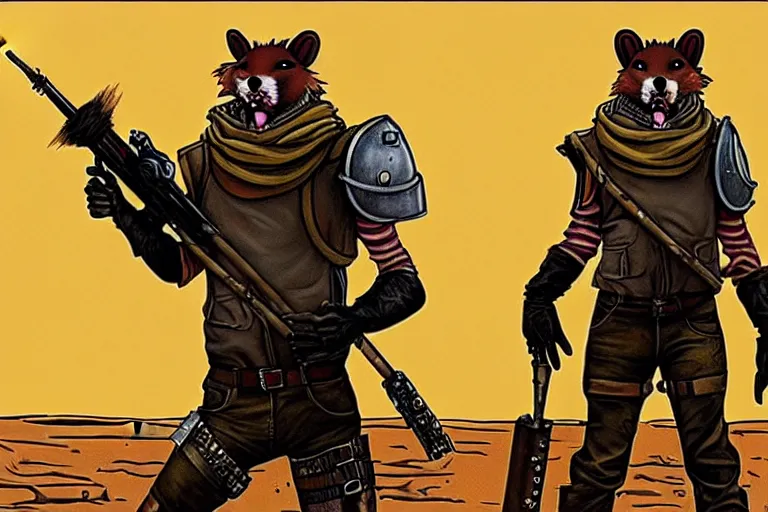 Image similar to a good ol'weasel fursona ( from the furry fandom ), heavily armed and armored facing down armageddon in a dark and gritty version from the makers of mad max : fury road. witness me.