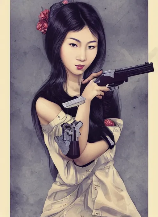 Image similar to beautiful asian girl with a revolver looking into the camera, 2d concept illustration, detailed, intricate, by Tran Nguyen
