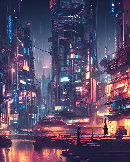 Image similar to cyberpunk city on a floating island at night by wlop, key visual, high detail, digital art