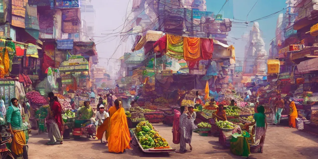 Image similar to A beautiful, surreal, India in a cyberpunk futuristic setting, people haggling with street vendors, ladies buying vegetables, full of details, hyper realistic, trending on artstation, 8K, HD