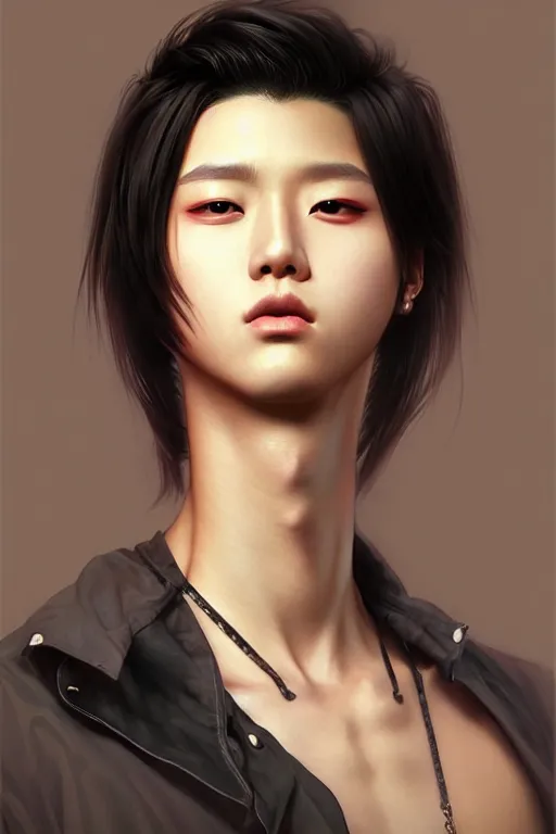 Prompt: photorealistic portrait of a young butch kpop woman, handsome, female, masculine, upper body, fantasy, fierce, sharp features, intricate, elegant, highly detailed, digital painting, artstation, concept art, matte, sharp focus, illustration, art by artgerm and greg rutkowski and alphonse mucha