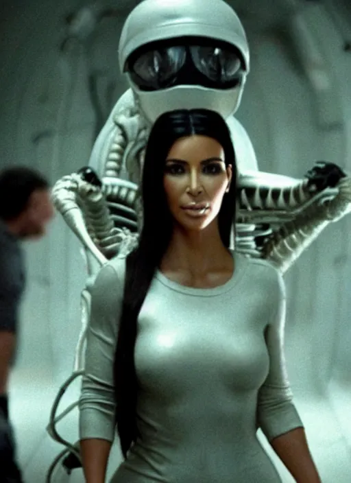 Prompt: movie still of kim kardashian wearing a alien facehugger mask, in the movie alien. cinematic full shot.