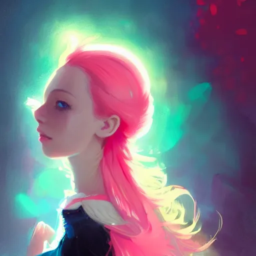 Image similar to colorful and festive captivating teenager girl with pink hair, cyan top crop, black skirt, black leggings, cute look. rich vivid colors, ambient lighting, dynamic lighting, 4 k, atmospheric lighting, painted, intricate, highly detailed by charlie bowater