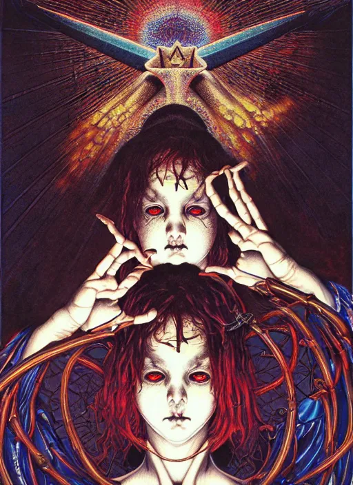 Prompt: realistic detailed image of a children performing an occult ritual in an old soviet school public bathroom, scared enlightened boy flying up in sky by Ayami Kojima, Amano, Karol Bak, Greg Hildebrandt, and Mark Brooks, Neo-Gothic, gothic, rich deep colors. art by Takato Yamamoto. masterpiece