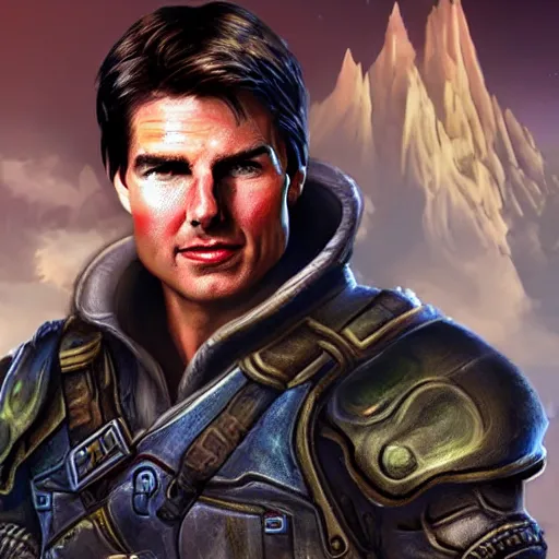 Image similar to Tom Cruise in the style of the game World of Warcraft, with a background based on the game World of Warcraft, detailed face, old 3d graphics