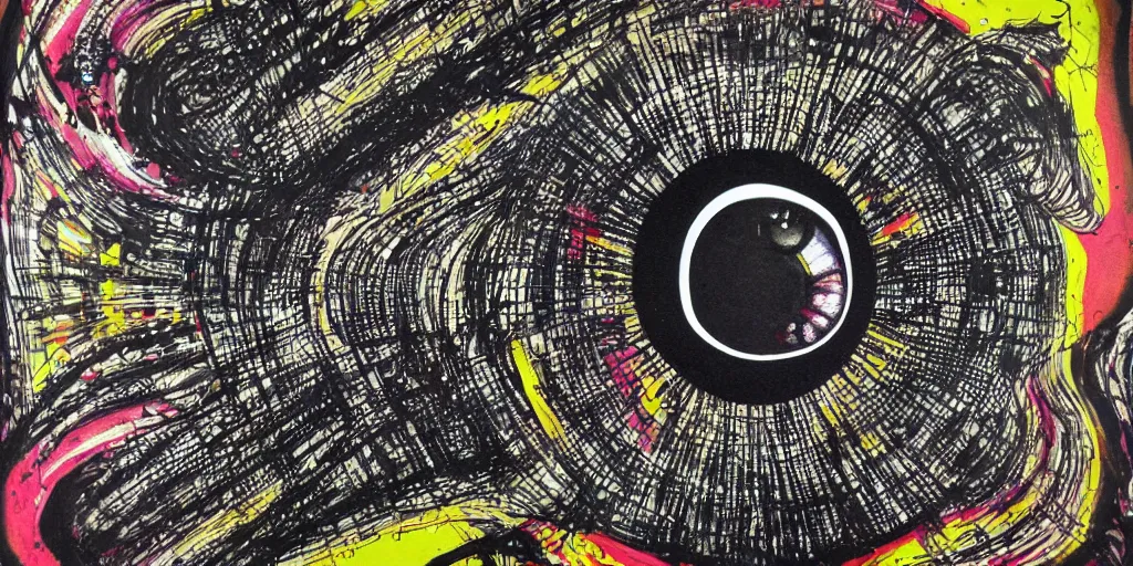 Prompt: deconstructed eye camo, technical, acrylic, centered burst, teeth, eerie, tribal, clay, dotting, lines, stipple, points, cybernetic, style of old painting, francis bacon art, sleep paralysis, hypnosis, eerie, terror, oil, neon, black and white, splotches, colorful dots, ominous, abstract