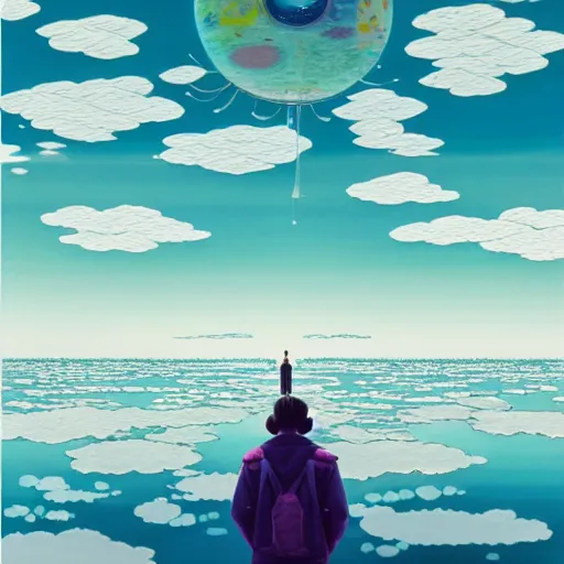 Image similar to a man walking on clouds away from the camera above a lake by takashi murakami, beeple and james jean, aya takano color style, 4 k, super detailed, modern, 4 k, symmetrical