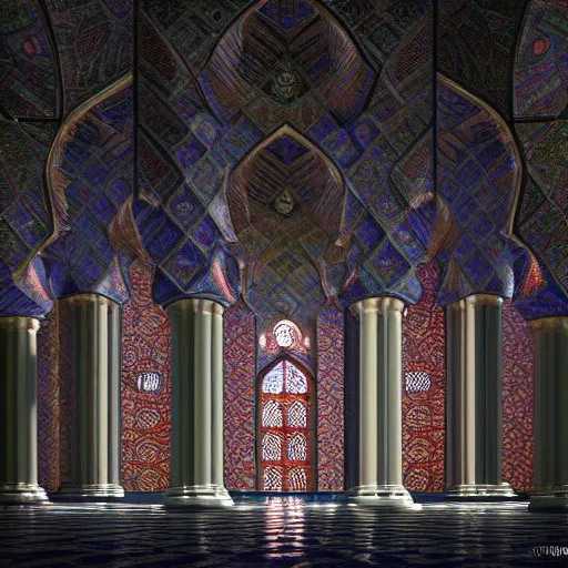 Image similar to Photorealistic demonic mosque in the style of architectural by Michael Whelan and Gustave Dore. Hyperdetailed photorealism, 108 megapixels, amazing depth, glowing rich colors, powerful imagery, psychedelic Overtones, 3D finalrender, 3d shading, cinematic lighting, artstation concept art