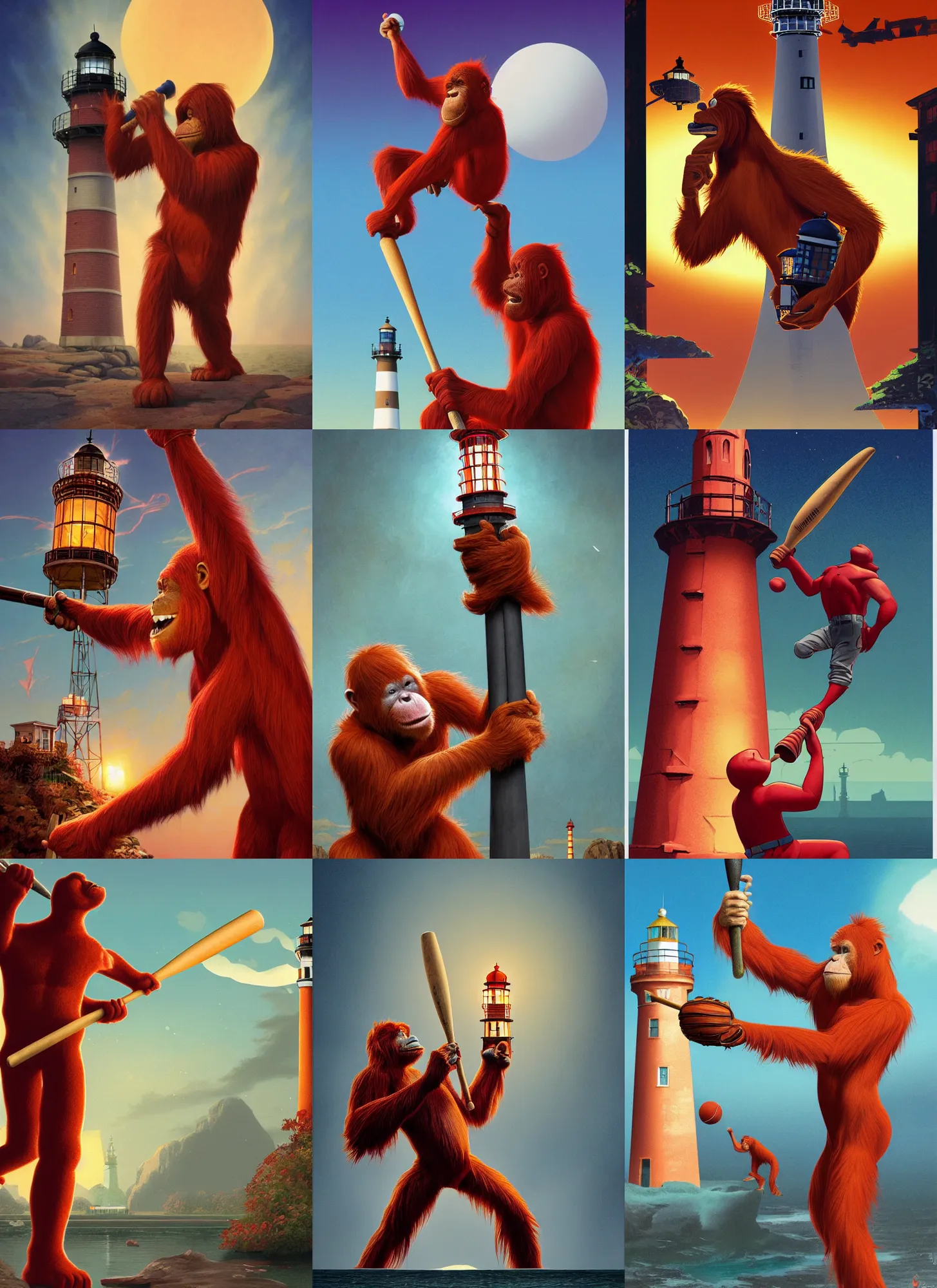 Prompt: rendering of red orangutan holding lighthouse toy as baseball bat, library interior background, travel poster artwork by michael whelan and tomer hanuka, high contrast, full of details, by makoto shinkai and thomas kinkade, matte painting, trending on artstation and unreal engine