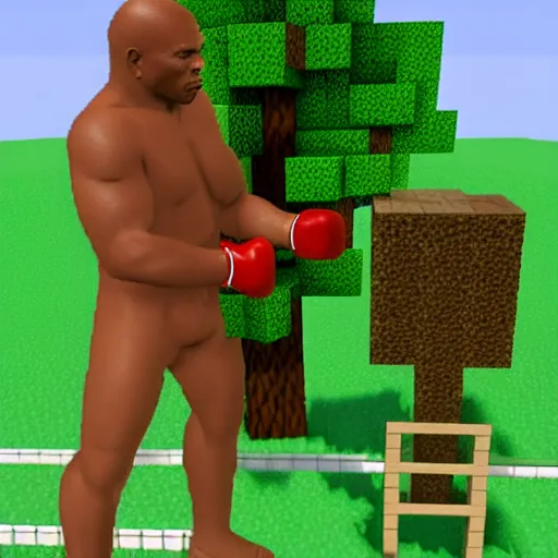 Prompt: mike tyson punching a minecraft tree