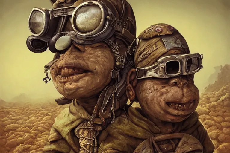 Image similar to a highly detailed forgotten garden gnome wearing goggles and head scarf surviving in a vast barren desert, hopeless wasteland background with a relentless raging sun overhead, post - apocalyptic road warrior vibe, full body, wide angle, an ultrafine detailed painting by joe fenton, trending on deviantart, pop surrealism, whimsical, lowbrow, perfect symmetrical face, sharp focus, octane, masterpiece